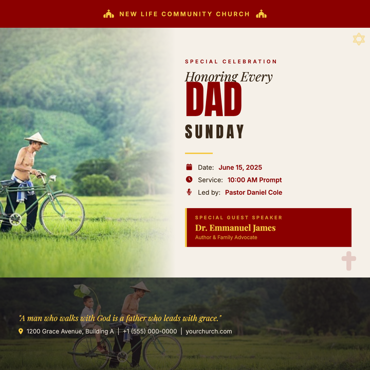 A ceremonial church service flyer built on a warm parchment cream canvas with a bold crimson top band and gold accent typography.
