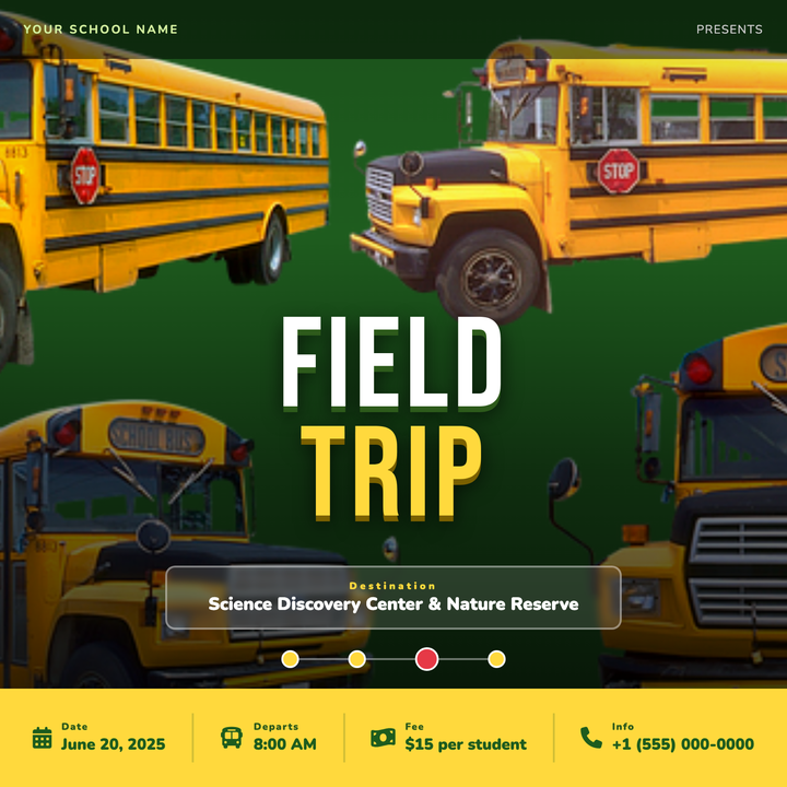 Bold Bebas Neue display type stacks "FIELD" and "TRIP" in oversized condensed lettering over a full-bleed photo scene, grounded by an amber-yellow info strip that highlights date, time, and logistics at a glance.