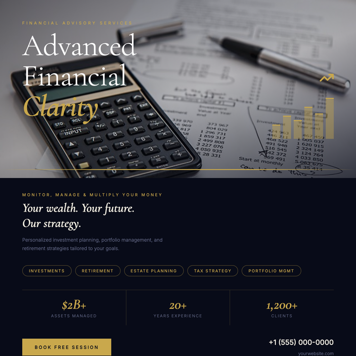 A dark navy-and-gold editorial layout built for wealth management and investment advisory promotions.