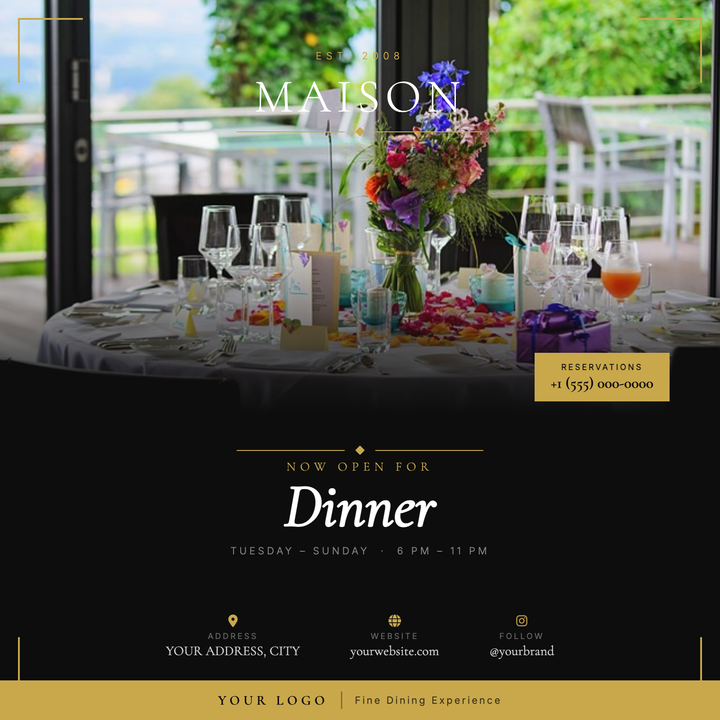 Elegant two-zone layout pairs a full-bleed food photo with a near-black (#0d0d0d) typographic panel, unified by a gold-scrim gradient fade.