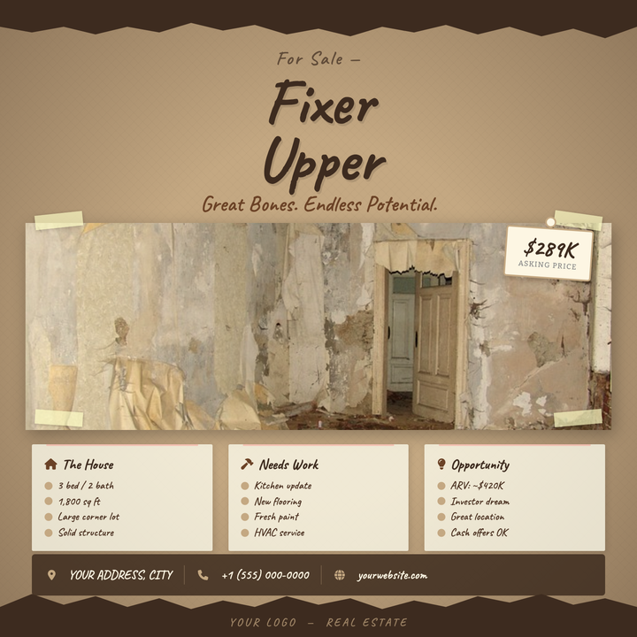 A kraft-paper broadside aesthetic with torn dark edges, a taped center photo, and oversized Caveat handwriting typography gives this template an honest, down-to-earth character.