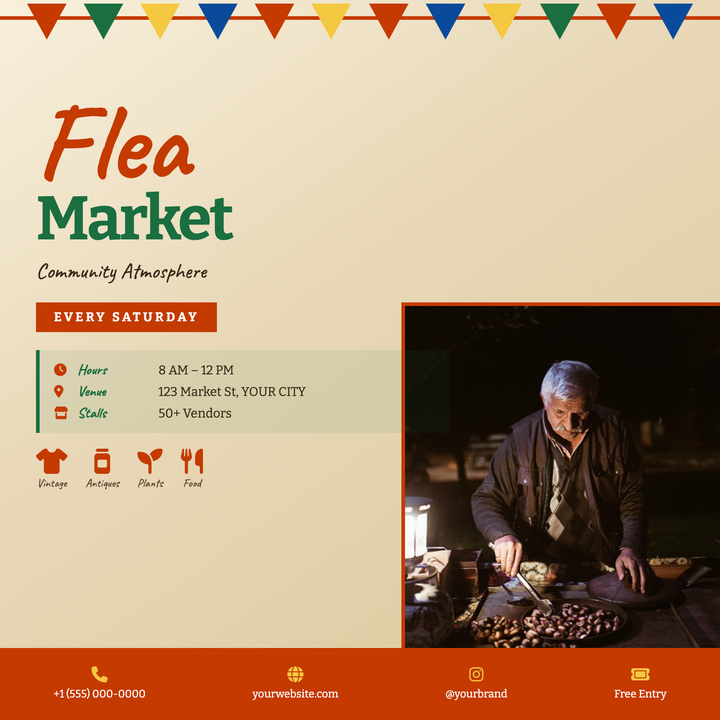 Built on a kraft-paper diagonal gradient with Caveat script headlines and Bitter serif accents, this template brings a handmade, community feel to any recurring marketplace event.