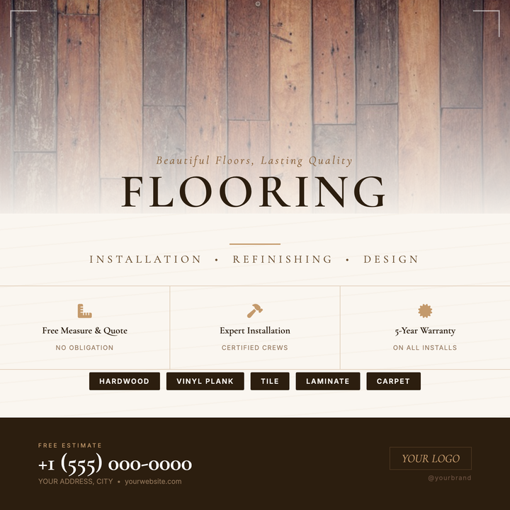 A warm, craft-first layout built for flooring contractors and hardwood installers.