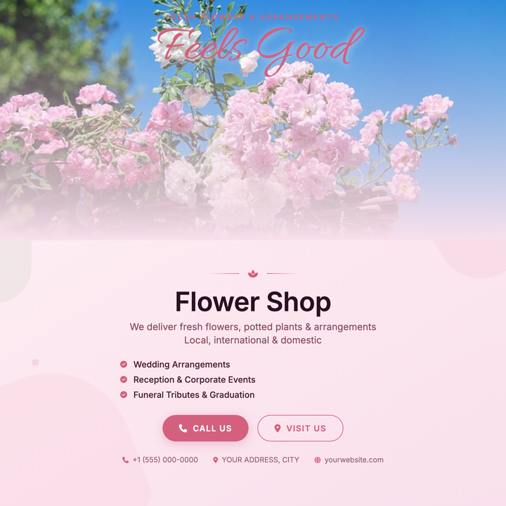 A warm rose-pink layout built for local florists and artisan floral studios.