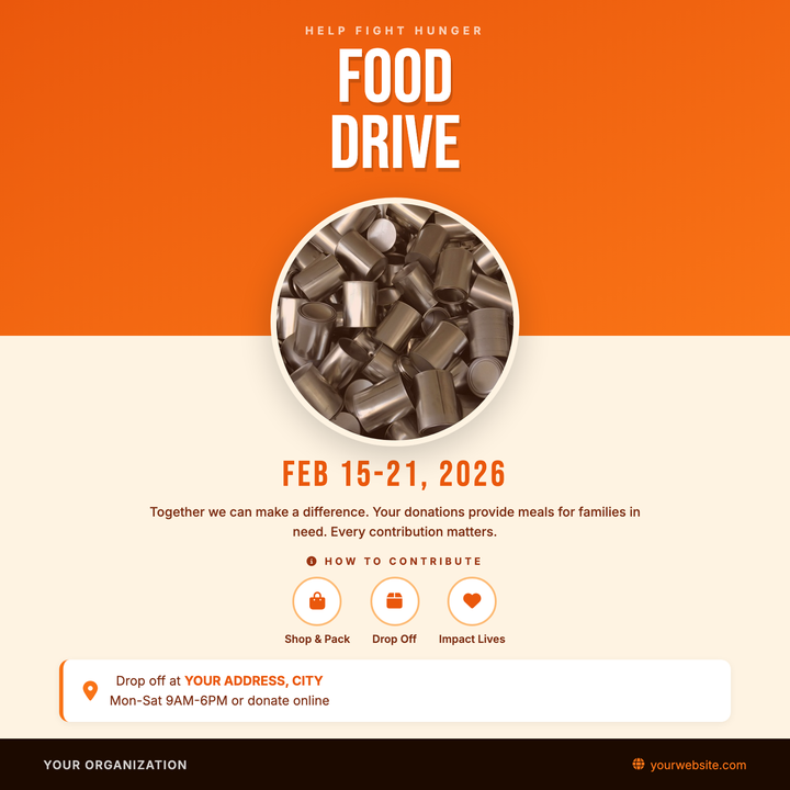Built for community donation events, this template pairs a bold Bebas Neue headline on a burnt-orange diagonal gradient with a circular food photo that bridges into a warm cream lower zone.