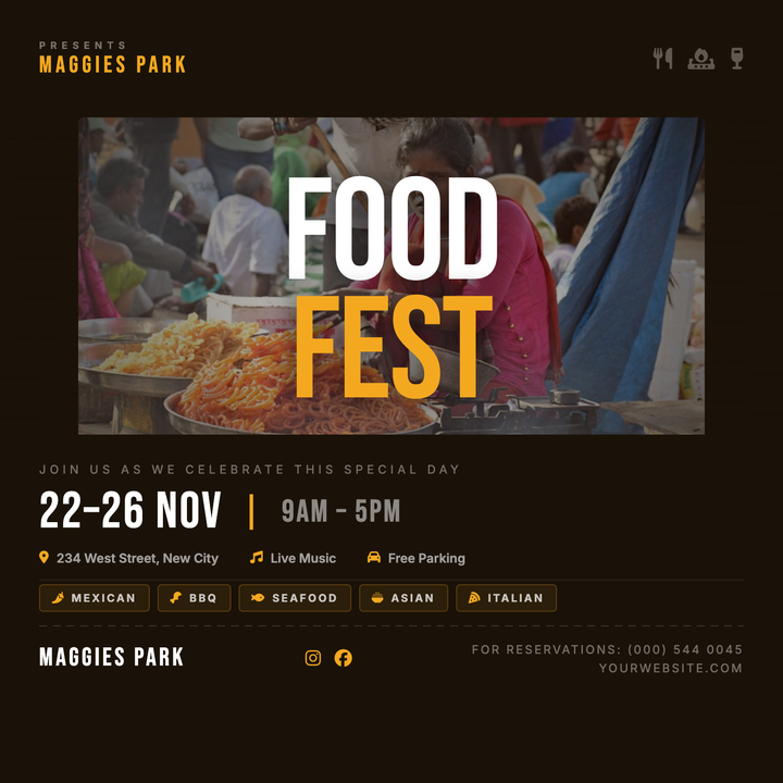 Built on a dark wood-grain texture with oversized Bebas Neue typography, this template pairs a bold white "FOOD" and amber gold "FEST" headline over a vignette-edged photo for instant visual impact.