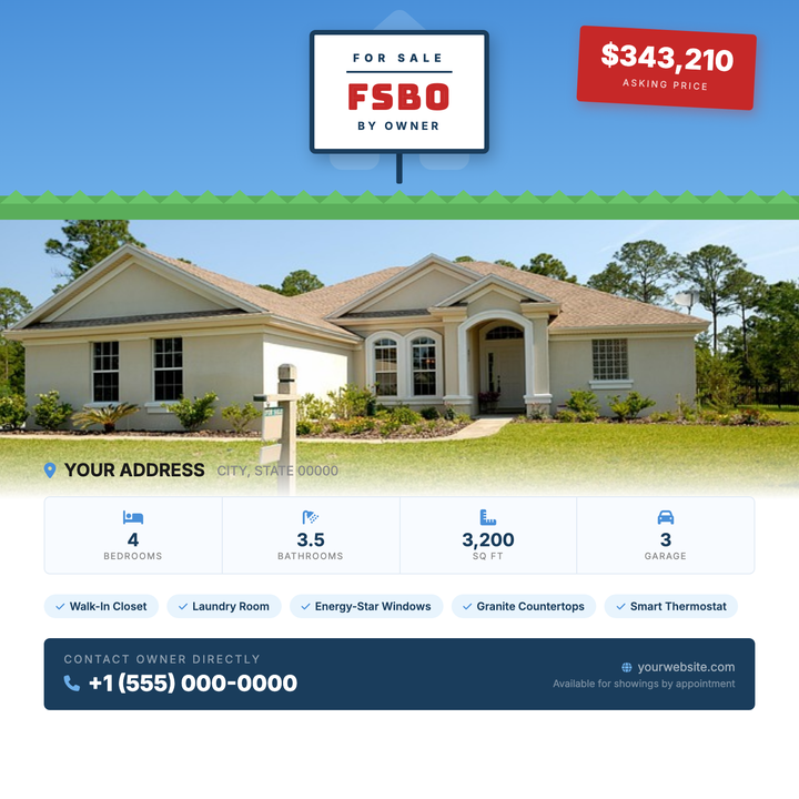 Built for homeowners selling without an agent, this template leads with a bold FSBO signpost motif set against an illustrated sky-and-grass header in residential blues.
