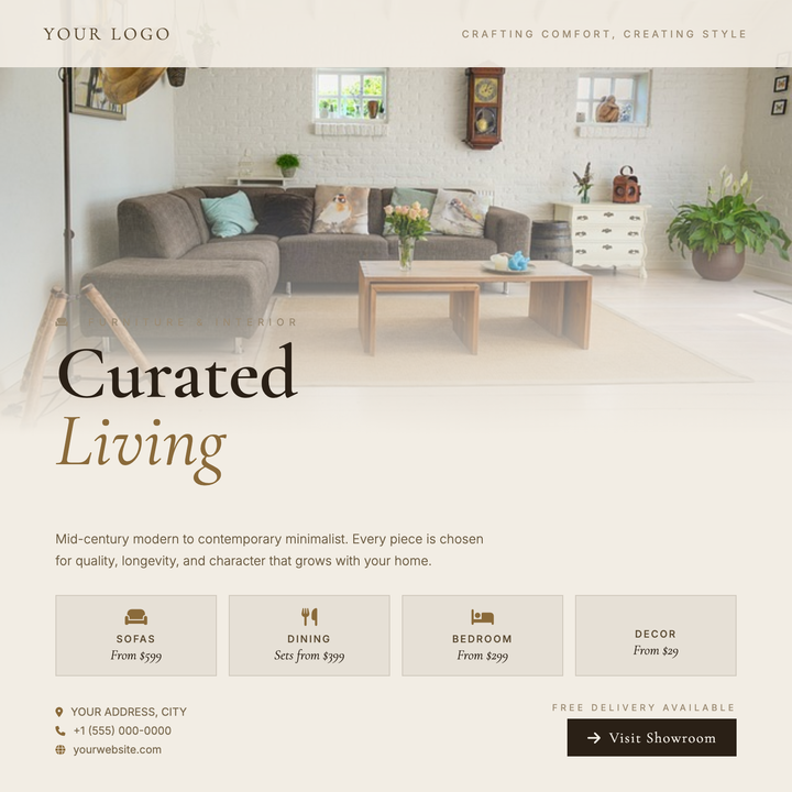A warm, editorial layout built for boutique furniture showrooms and home goods brands.