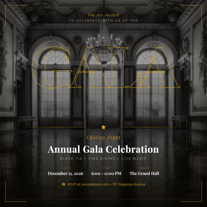 A full-bleed photo canvas with a darkening scrim and gold filigree corner brackets sets a ceremonial, black-tie tone.