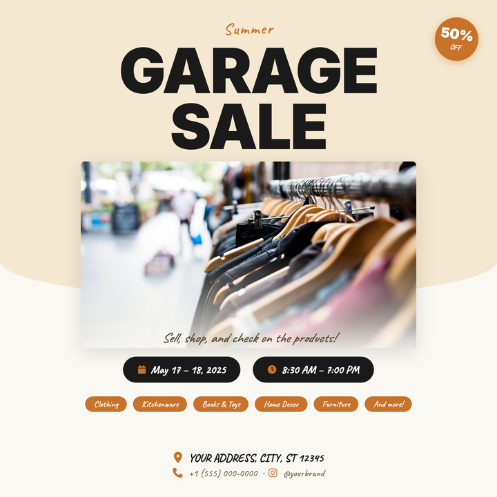 Bold all-caps stacked headline and a rotated price-tag circle grab attention instantly, while warm kraft-toned backgrounds give the layout a friendly, handmade feel.