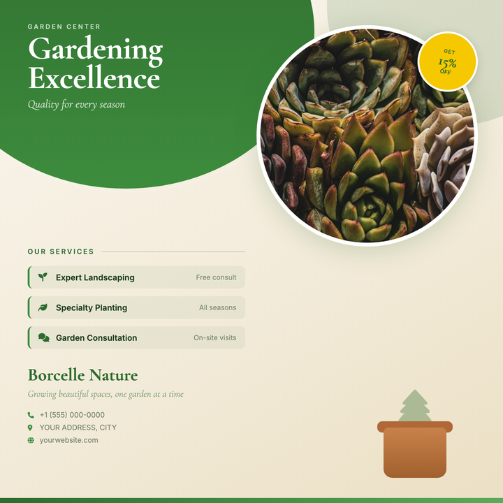 Bold organic green arches sweep across a warm cream gradient, framing a circular plant photo and a high-contrast yellow discount badge — ideal for seasonal sales and service menus.