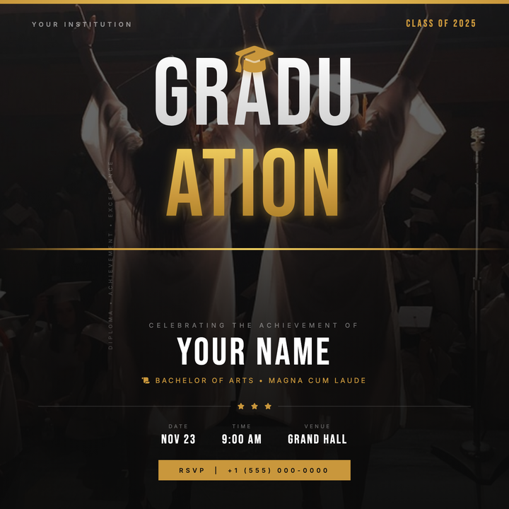 A cinematic, dark-themed graduation flyer built around a split gold-and-white Bebas Neue wordmark, full-bleed photo texture, and a deep graphite-to-black radial background.