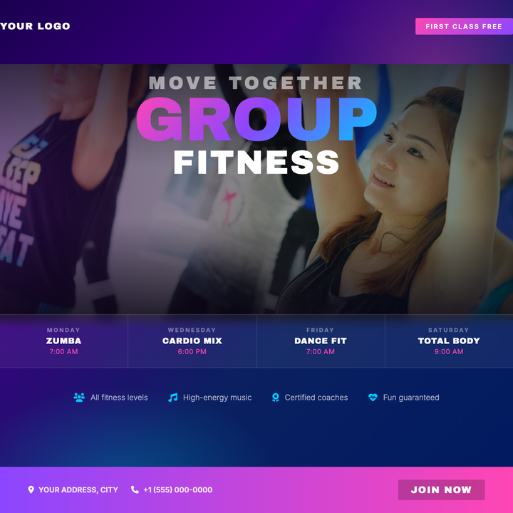 A deep indigo-to-navy diagonal gradient sets a neon-nightlife canvas, layered with radial magenta and cyan halos and a darkened action photo with edge-scrim treatment.