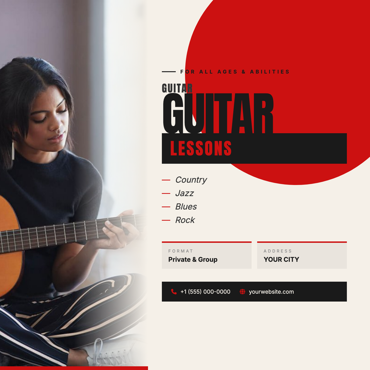 A bold, street-poster-style square flyer built for guitar instructors and music studios.