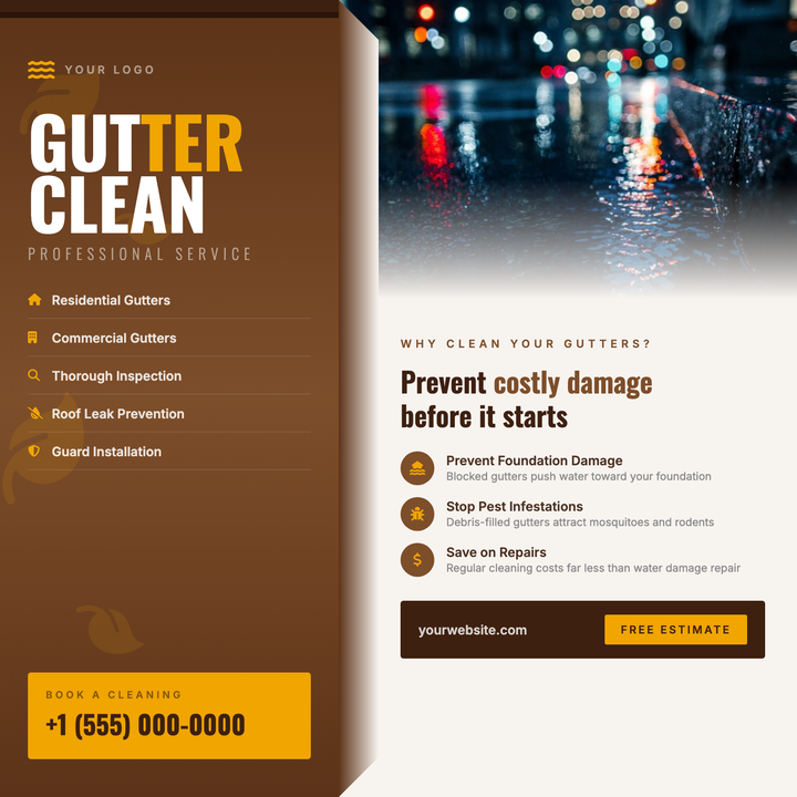 A bold split-panel layout built for fall home-services campaigns, featuring a deep rust-brown left column with Oswald Bold headlines and an amber gold CTA box, paired with a warm cream right panel for educational copy and a photo with a soft bottom fade.