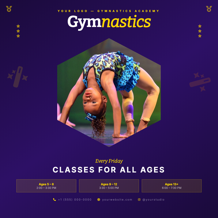 A deep-purple diagonal gradient canvas frames a gold-rimmed hexagonal photo centerpiece, giving this template a trophy-like energy that grabs attention instantly.