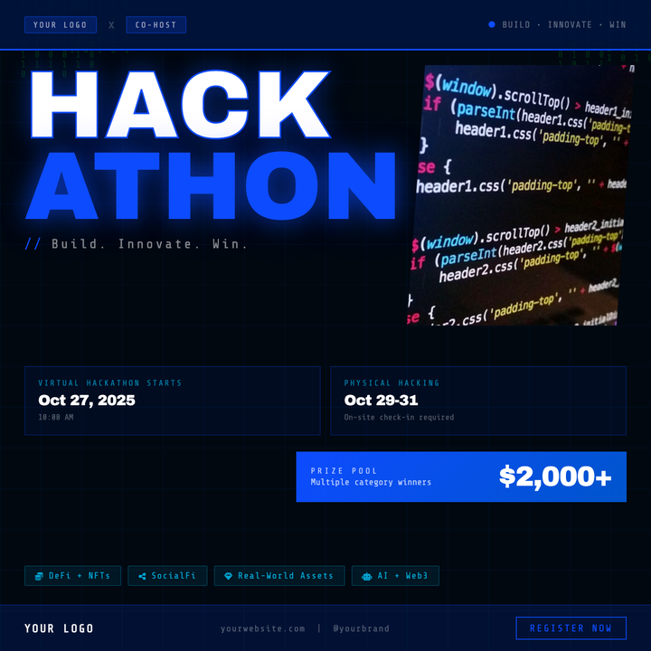 Built for coding competitions and developer sprints, this dark-mode square flyer pairs 118px Archivo Black display type in white and electric blue (#0d4bff) with a binary code rain backdrop and dot-grid texture.