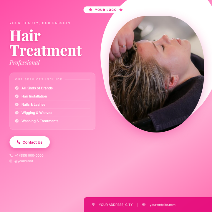 A bold, image-led square flyer built on a hot-pink-to-rose diagonal gradient with an organic white blob framing an oval portrait in the upper-right.