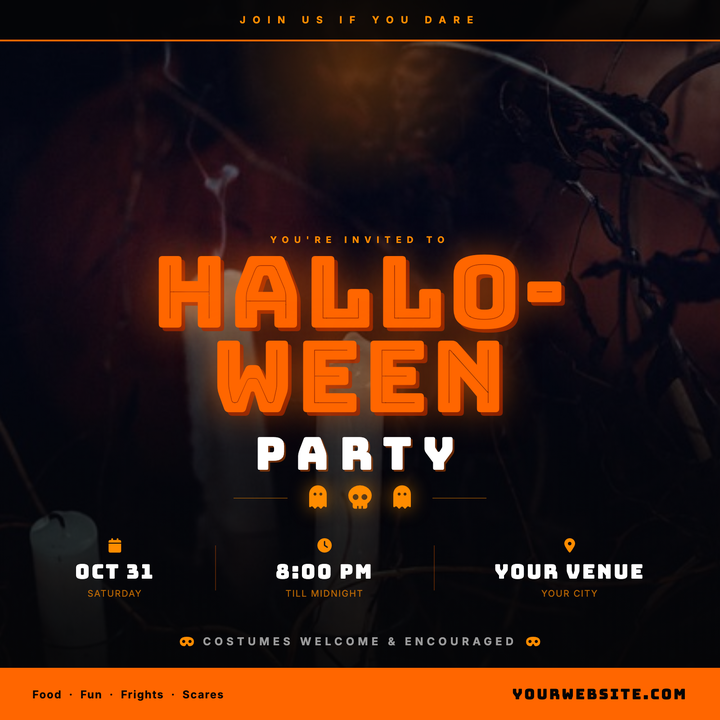 Built for nightclub bashes, bar crawls, and costume parties, this template layers a full-bleed moody photo under an orange radial moon glow and a deep black gradient scrim.