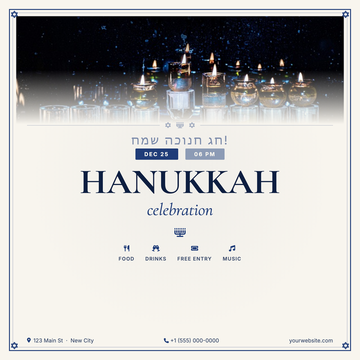A warm, ceremonial flyer built on cream parchment and deep navy, with Cormorant Garamond headlines and Star of David corner anchors that immediately signal the cultural occasion.