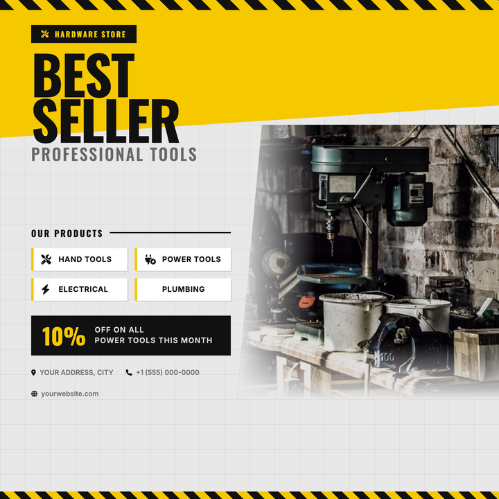 Built on a bold industrial palette of hazard-stripe yellow (#f5c800) and near-black (#111), this square flyer pairs a massive Oswald headline with a diagonal slash divider and blueprint grid background for an assertive, no-nonsense look.