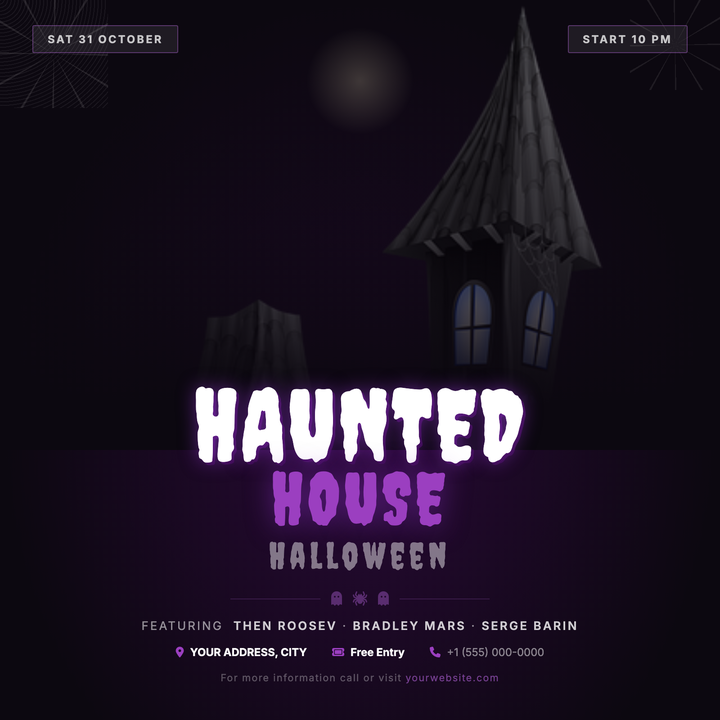 Built on a near-black radial gradient canvas with deep violet warmth, this 800Γ800 social square pairs Creepster display type at three dramatic sizes with a neon-purple accent and moonlit photo zone.
