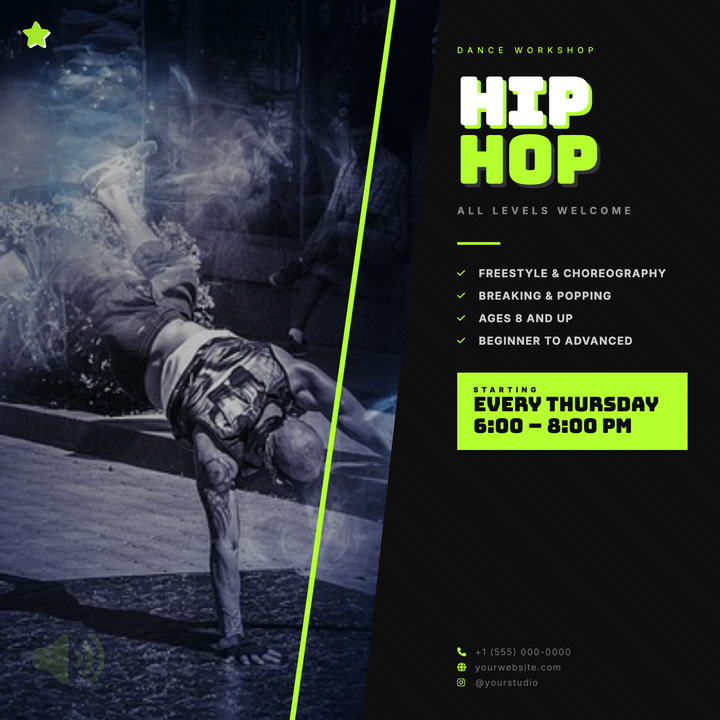 A split-panel layout with a diagonal photo block and skewed neon-yellow accent bar delivers instant street-culture energy.