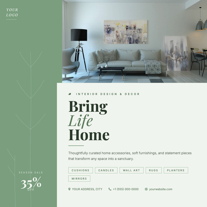 A split-panel layout built for boutique home decor and interior-styling brands.