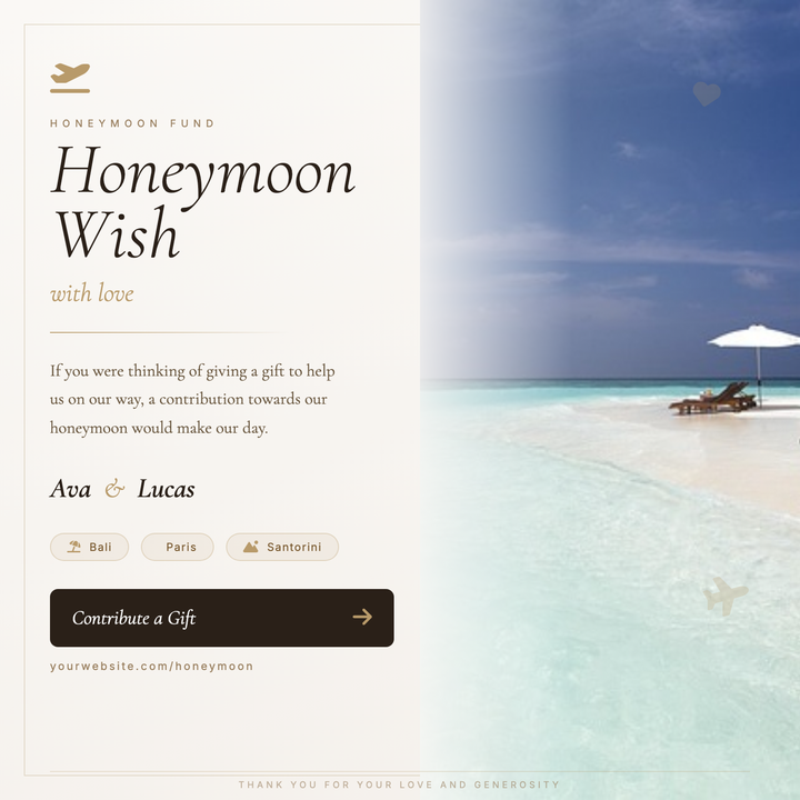 A split-panel design with a full-height romantic travel photo on the right and an elegant typographic layout on the left, anchored by a 72px Cormorant Garamond italic headline.