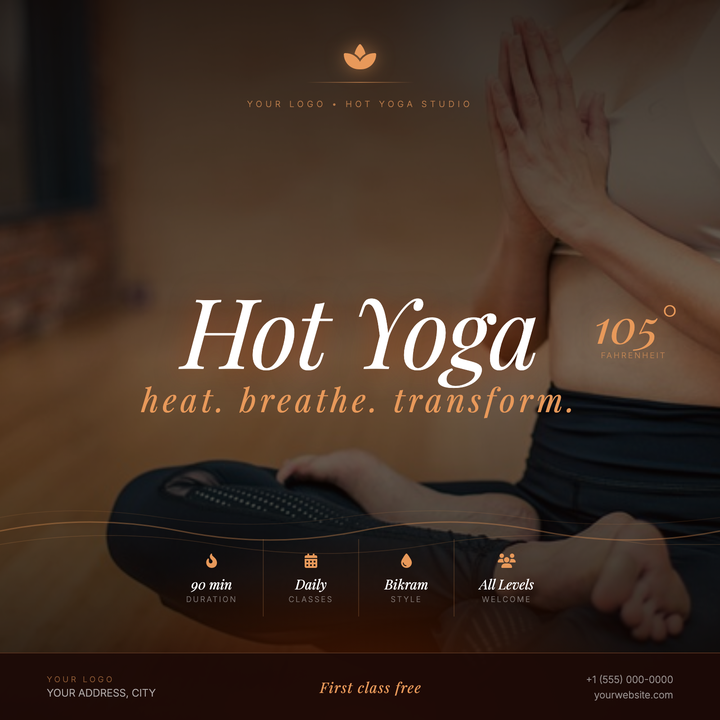 A cinematic 800×800 square built for boutique hot yoga and heated wellness studios.