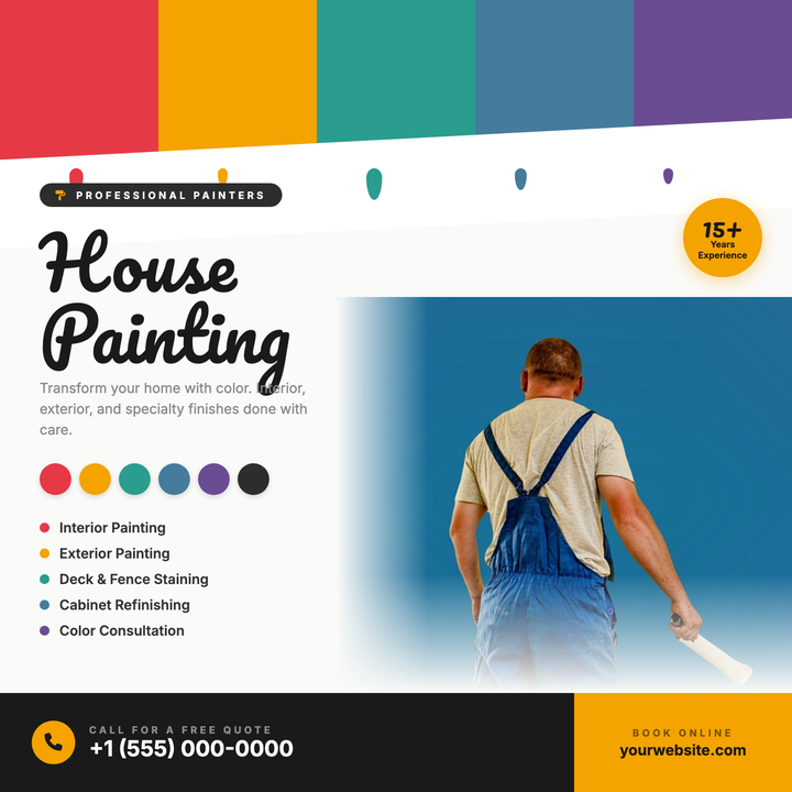 A craft-forward flyer built around a bold swatch bar, dripping paint accents, and color chip callouts that immediately signal painting expertise.