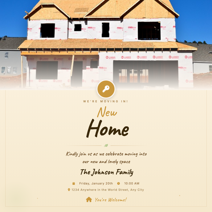 A warm, handcrafted flyer built around a full-bleed home exterior photo that fades into a parchment ivory canvas.
