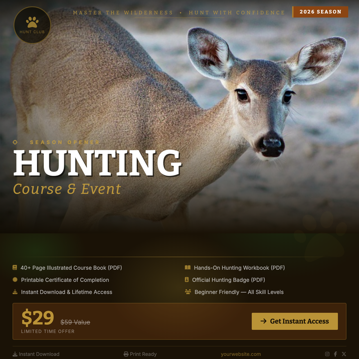 Built for hunting clubs, guide services, and outdoor education providers, this rugged square flyer pairs a full-bleed field photo with a dark camo-textured base and antique-gold accents.