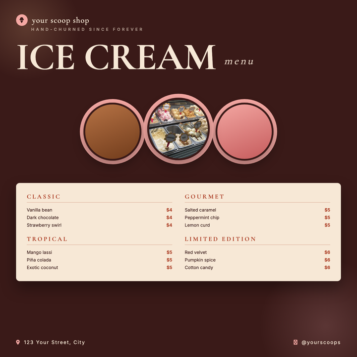 A warm mahogany canvas pairs Cormorant Garamond display type with three circular scoop medallions — one real photo, two CSS-gradient flavors — for an editorial, craft-food feel.