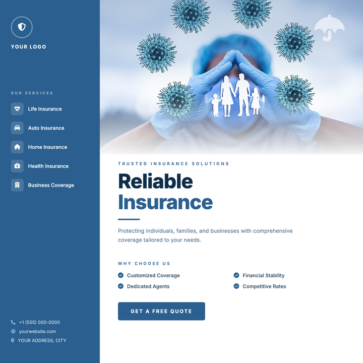 A two-column layout with a steel-blue sidebar carrying your brand, services list, and contact details alongside a full-bleed hero photo with a soft blue-to-white scrim.