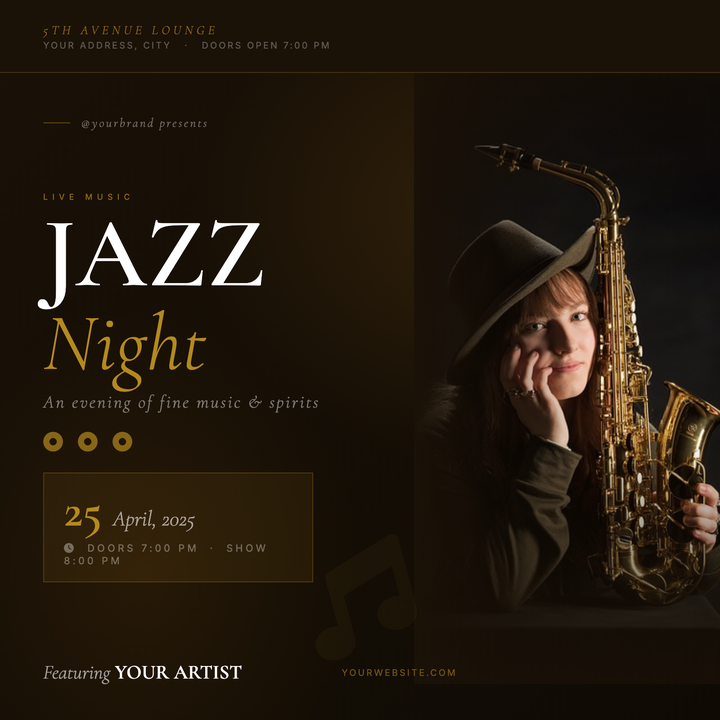 A moody, cinematic flyer built on a near-black warm-brown canvas with burnished gold accents and editorial serif typography.