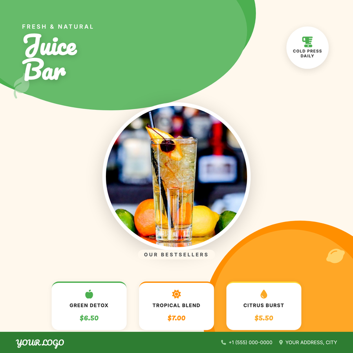 A vibrant 800×800 social square built for juice bars and smoothie shops showcasing three signature menu items with prices.