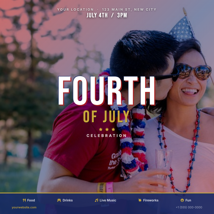 A bold vintage-poster layout built around a full-bleed flag photo with a diagonal red-to-navy color-multiply scrim and aged scan-line texture.