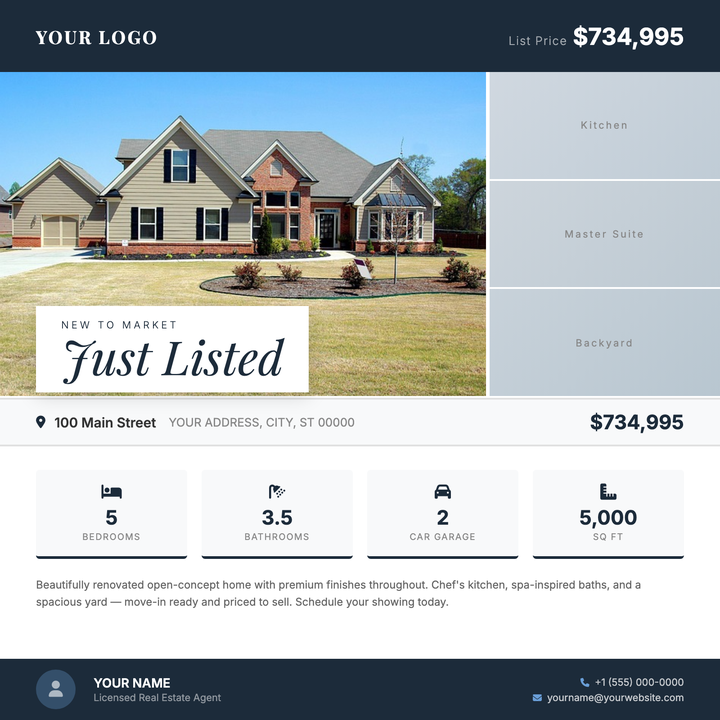 A polished residential listing flyer built around a dominant hero photo and three supporting panel shots, anchored by a deep navy banner strip showing brokerage branding and list price.