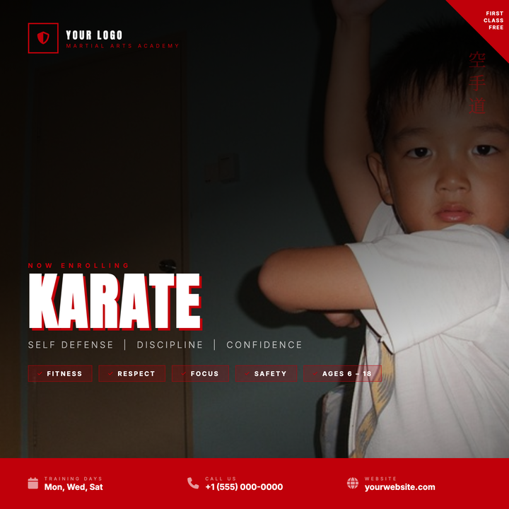 A full-bleed action-photo layout with a directional dark scrim keeps the left column sharp for bold Anton typography while letting the martial arts imagery breathe on the right.
