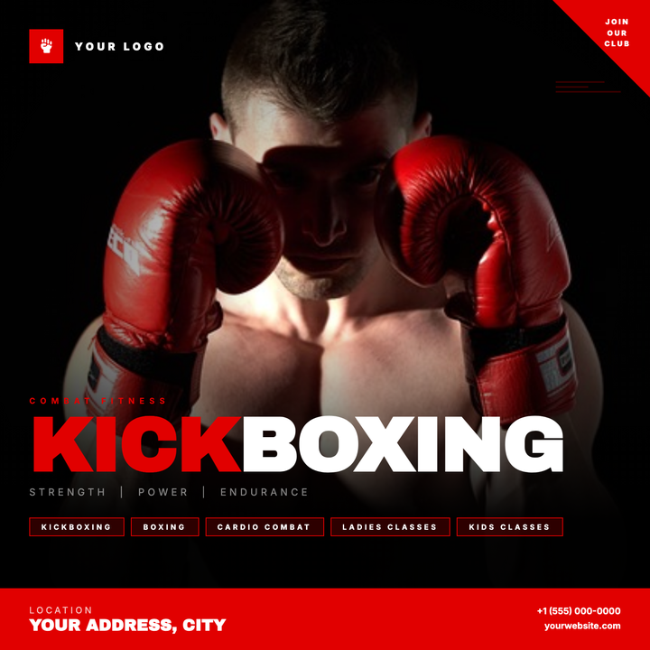 Full-bleed action photography with a radial vignette keeps the fighter front and center, while a bold 94px Archivo Black headline and a solid red bottom bar drive urgency.