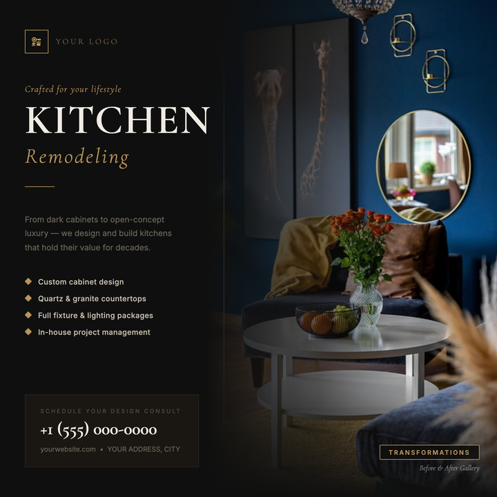 A split-panel layout pairs a dark left column with a full-bleed kitchen lifestyle photo, unified by a warm gold accent (#b8945a) on the eyebrow, headline accent, and checklist icons.