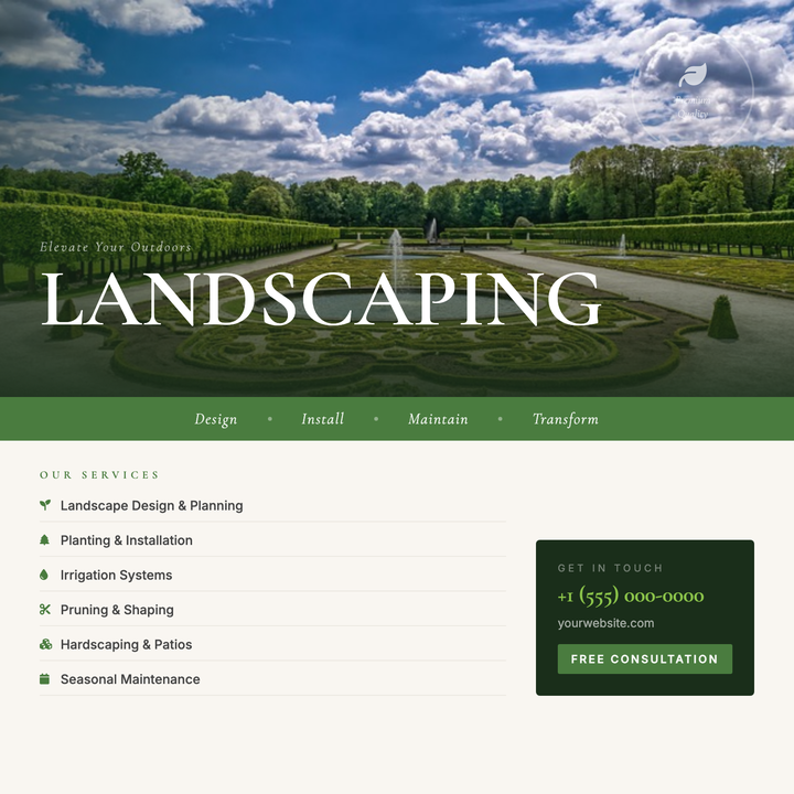A photo-forward layout with an 82px Cormorant Garamond headline riding the seam between a full-bleed environmental image and a warm cream info zone.