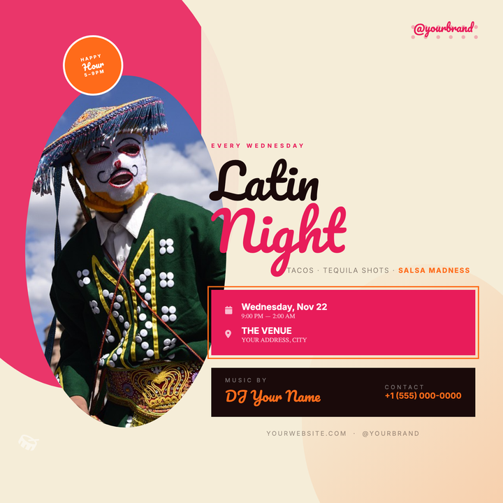 Bold magenta and orange swooshes frame an elliptically clipped dancer portrait, giving this flyer instant warmth and movement.