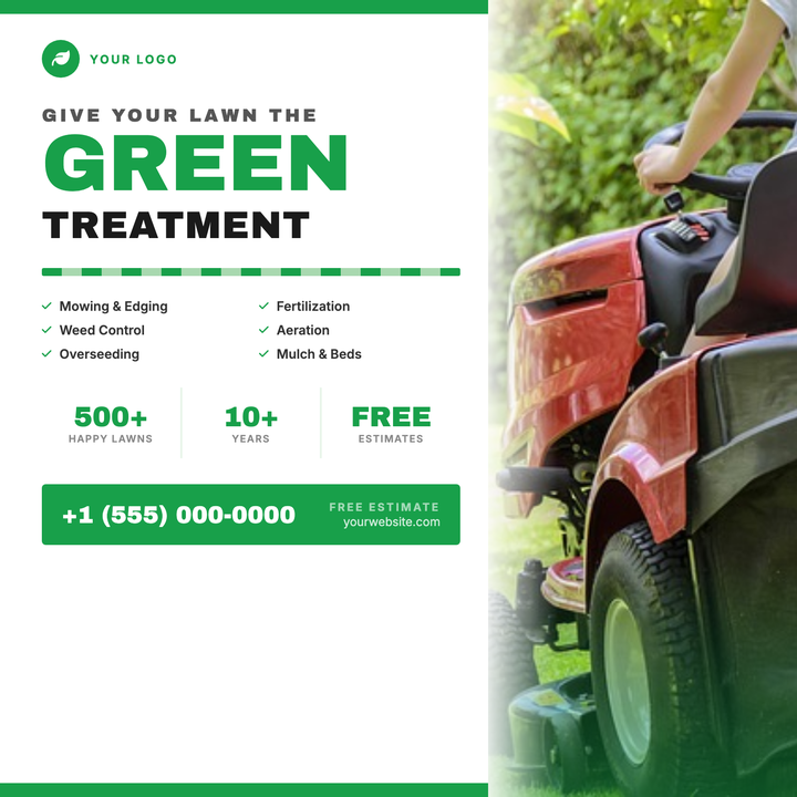 A split-layout design with a crisp white copy column and a full-bleed grass photo strip, tied together by bold Archivo Black headlines in brand green and near-black.