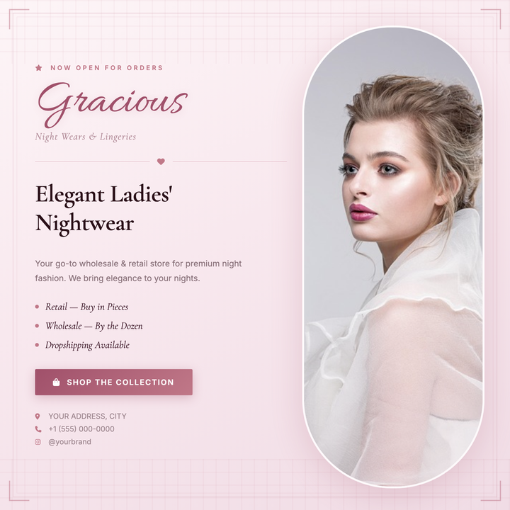 A boutique-luxury layout built on a dusty rose gradient with deep plum accents, pairing an Allura script logotype and Cormorant Garamond serif for an editorially refined feel.
