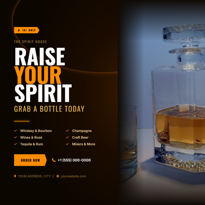 A moody, neon-lit split-panel layout built for liquor stores, bottle shops, and bar promos.
