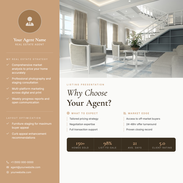A polished agent one-sheet built for seller consultations, featuring a warm tan identity sidebar with a circular agent photo, bold serif headline, and a dark espresso stats strip.