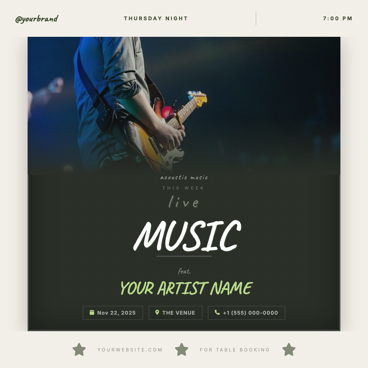 A chalkboard-style flyer framed in warm cream bands, with a concert photo that dissolves into a deep forest-green panel via a smooth gradient fade.