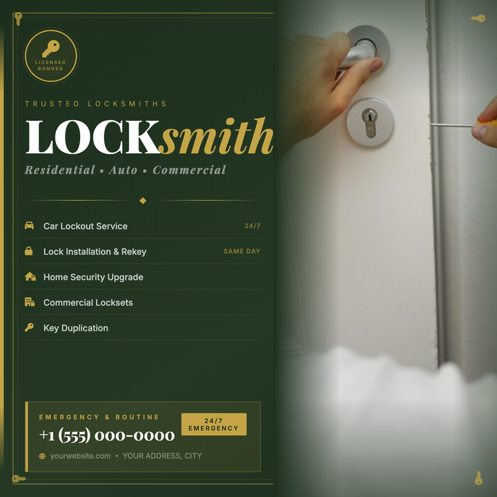 Built on deep forest green with antique gold ornamentation, this template pairs a 74px Playfair Display headline with an ornamental divider, services list, and a bold phone-number CTA block.